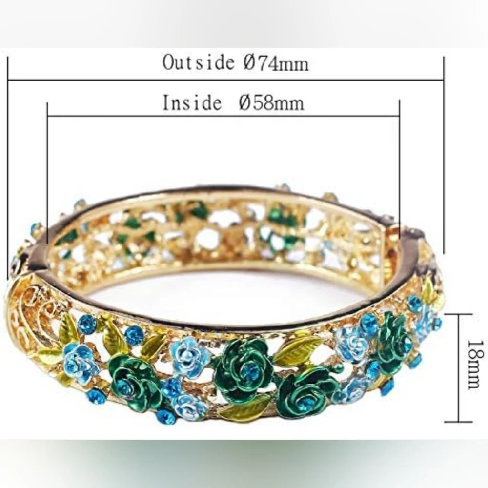 Gold-plated blue green crystal flower bangle bracelet BOGO - Picture 6 of 12